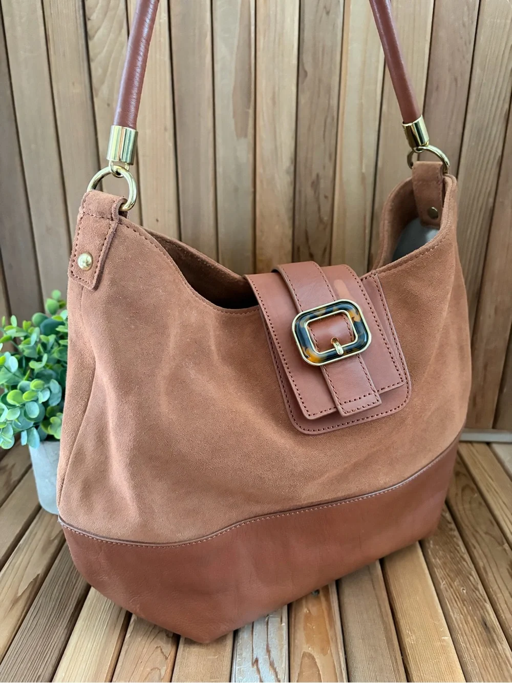 Talbots Brown Suede & Leather Hobo Shoulder Bag Tortoise Buckle